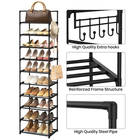 Narrow 10 Tier Shoe Rack For Small Spaces, Tall Entryway And Closet Organizer Holds 20 To 24 Pairs Shoes, Stackable Metal Cabinet, Hooks