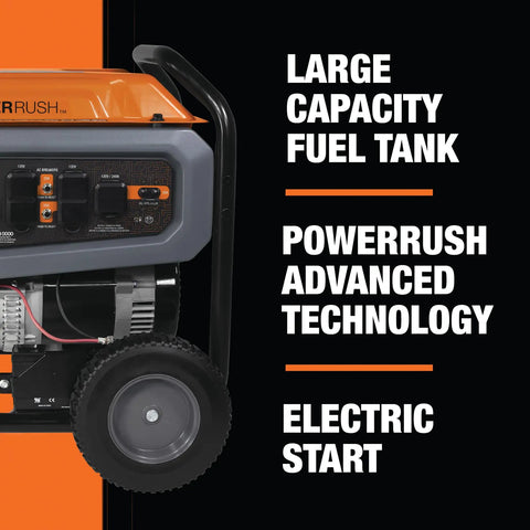 Discontinued 10,000 Watt Portable Generator in orange and black showing electric start, large capacity tank, and rugged frame.