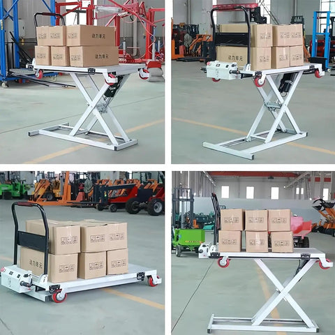 Rock Solid Electric Hydraulic Scissor Lift Cart With Six Hundred Sixty Pound Load Rating And Forty Inch Foldable Work Platform For Tight Fit Job Sites and Smooth No Sweat Operations with boxes in a warehouse.