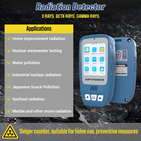 APOWER Geiger counter handheld radiation detector, blue plastic case with LCD display (front view)