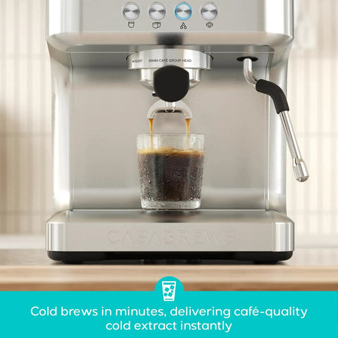 Pro Level 20 Bar Espresso Maker With Rapid Flashheat Brewing Fast Steam Wand For Silky Milk Drinks Zero Fuss Countertop Coffee Setup brewing espresso into a glass.