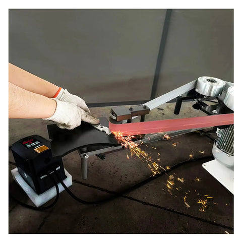Heavy-Duty Shop Beast 71 Inch Belt Grinder in use, showing sparks during metal grinding with vertical adjustment.