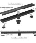 Diagram of 36 Inch Matte Black Stainless Steel Rectangular Shower Drain With Grid Cover, Adjustable Feet, Hair Strainer dimensions shown
