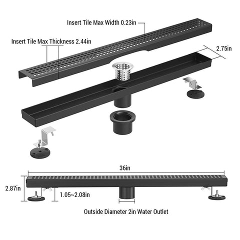 Diagram of 36 Inch Matte Black Stainless Steel Rectangular Shower Drain With Grid Cover, Adjustable Feet, Hair Strainer dimensions shown