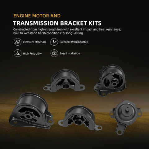 Honda CRV 2.0L Engine Motor Mount And Transmission Bracket Kit Five Piece Bolt On Direct Fit For Automatic Transmission 1997 1998 1999 2000 2001 OE Replacement GP8435 GP8982 GP8575 GP8010 GP displayed in five pieces on dark background.