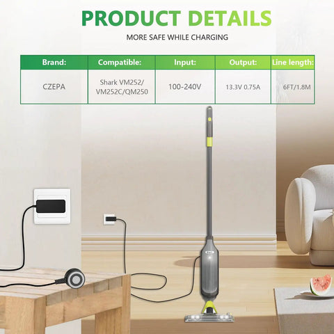 Shark VACMOP Charger Replacement For VM252 VM252C QM250 Pro Cordless Hard Floor Vacuum Mop with Magnetic Power Cord shown charging