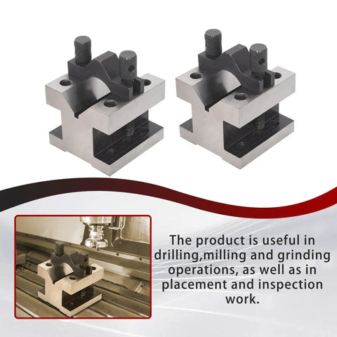 Top Notch Pro Grade V Block With Clamp Set, Hardened Steel 58-60 HRC, 90 Degree V Block Pair For Precision Machining, 2-3/8 x 2-3/8 x 2 Inches, Multi Use Gauge, Precise 0.0002 Tolerance, Wooden Case in milling setup
