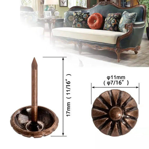 Killer Red Copper Upholstery Tacks With Classic Daisy Pattern For Furniture Restoration 100 Piece Pack showing 11mm wide tacks for upholstery repair.