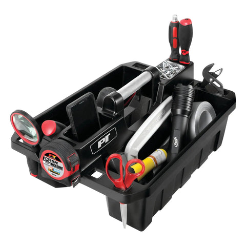 On The Go Tool Caddy With Magnetic Tray Heavy Duty Portable Organizer for gear with tools inside, rugged aluminum handle.