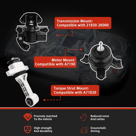 Diagram showing Engine And Transmission Mount Kit For Kia Soul 2010 2011 2012 2013 1.6L And 2010 2011 2.0L L4 Reusable Bracket Set 3pc