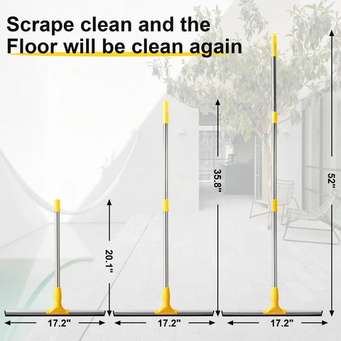 All In One Floor Scrubber Squeegee With Long Stainless Steel Handle showing adjustable heights from 20.1 to 52 inches with yellow silicone blade