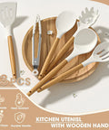 33 Piece Nonstick Silicone Kitchen Utensils Set With Holder Cream White Wooden Handles BPA Free Food Grade Heat Resistant Tools