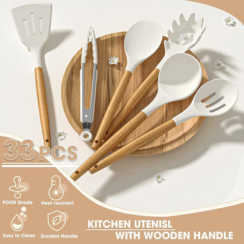 33 Piece Nonstick Silicone Kitchen Utensils Set With Holder Cream White Wooden Handles BPA Free Food Grade Heat Resistant Tools