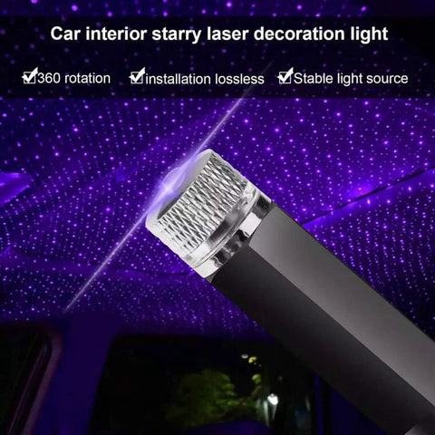 USB Star Projector Night Light With Adjustable Romantic Sky Projection illuminating car ceiling in blue and purple