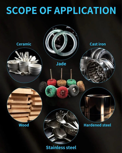 Image displaying scope of application for 50 Piece Pro Grade Abrasive Buffing Wheel Set For Rotary Tools with ceramic, jade, cast iron, wood, hardened steel, stainless steel.