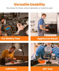 Images showing a digital multimeter with backlit LCD used for car battery testing, appliance repair, and other tasks.