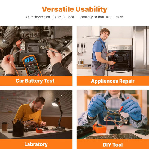 Images showing a digital multimeter with backlit LCD used for car battery testing, appliance repair, and other tasks.