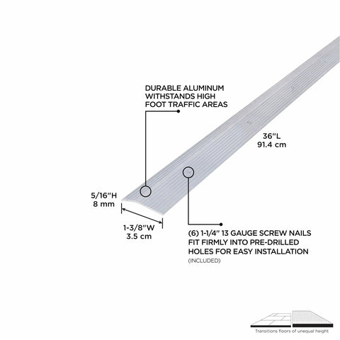 Durable Aluminum Carpet Trim Built To Last One And Three Eighths Inch By Thirty Six Inch Silver With Pre Drilled Holes And Thirteen Gauge Screw Nails