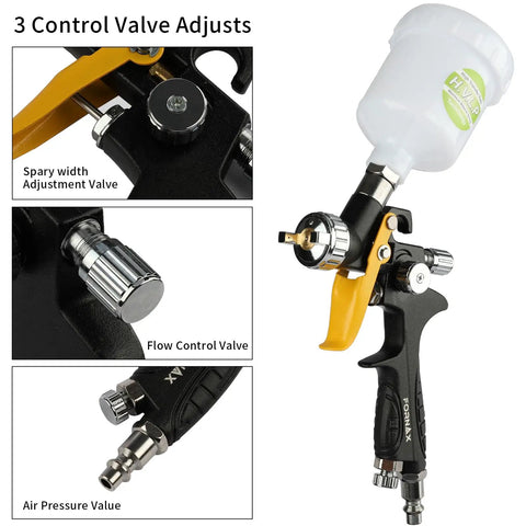 Hvlp Mini Spray Gun With 0.8 Mm Nozzle And 125Cc Gravity Feed Cup, showing detailed control valve adjustments for precise application.