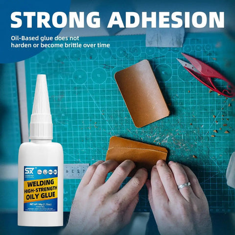 Person applying Two 3.52 Oz Tubes Oil Based Super Glue For Ceramic Porcelain Glass Metal Wood Leather And More on leather piece