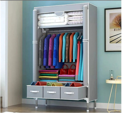 Slick Portable Folding Wardrobe Closet With Reinforced Steel Bars And Ample Hanging Space, waterproof fabric, organized clothing and bags.