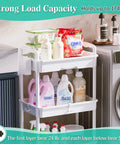 Three Tier Rolling Cart With Removable Drawer And Lockable Wheels For Bathroom Kitchen Office Craft Makeup And Baby Essentials White Space Saver Great For Small Spaces And Daily Use loaded with household items in a bathroom setting.