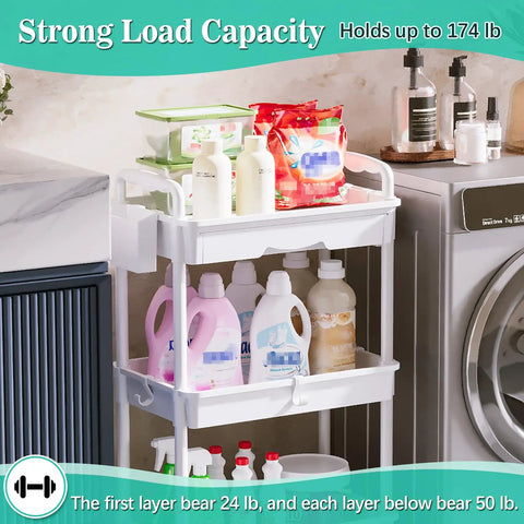Three Tier Rolling Cart With Removable Drawer And Lockable Wheels For Bathroom Kitchen Office Craft Makeup And Baby Essentials White Space Saver Great For Small Spaces And Daily Use loaded with household items in a bathroom setting.