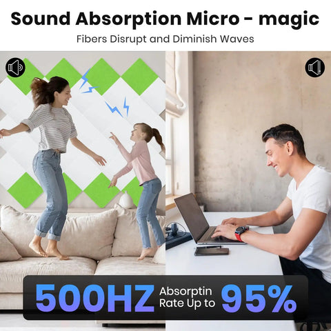 18 Pack Self Adhesive Acoustic Panels For Walls High Density Soundproof Foam Tiles 12 Inch Square White Squares Super Slick Noise Blocking Home Studio Wall Decor With Zero Drama Quick Mount. Happy family playing with acoustic panels.