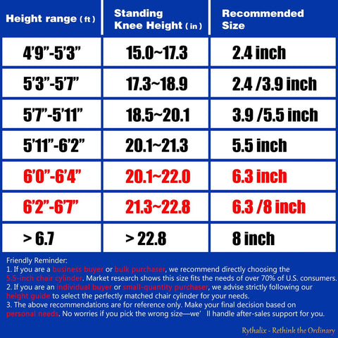 Front view: Rythalix chair cylinder replacement size chart showing height ranges and a 6.3-inch stroke