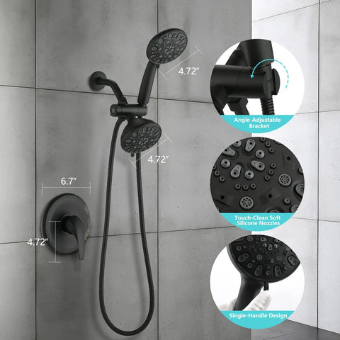 High Pressure Rain and Handheld Shower Head System With Valve, 48 Settings, Dual 2 In 1 Spray, Matte Black Finish on wall.