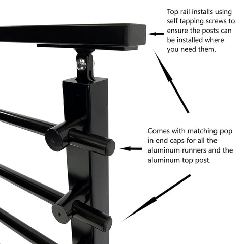 Top Shelf Horizontal Steel Railing Banister Kit 17 Point 5 Ft Hella Adjustable Guard System For Staircases Decks Built Tough With Powder Coated Posts showing mounting detail and end caps.