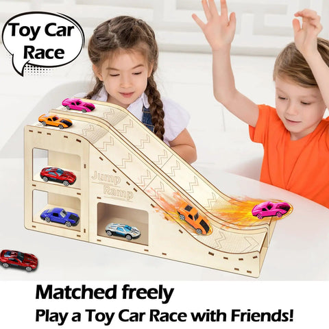 Children playing with Wooden Toy Car Jump Ramp and Race Track Set for Hot Wheels and Diecast Cars, Sturdy Plywood Jump Ramp With Storage Box