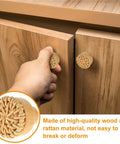 Grab These Snazzy Wooden Rattan Furniture Knobs And Pulls For Your Dresser Or Cabinet, Featuring Easy Single Hole Installation, Stylish Round Weave Design, And Durable Build Ideal For Upgrading Kitchen Cupboards Bedroom Drawers Or Bathroom Storage Units. Wooden rattan cabinet knob on wood drawer, single-hole round weave pull