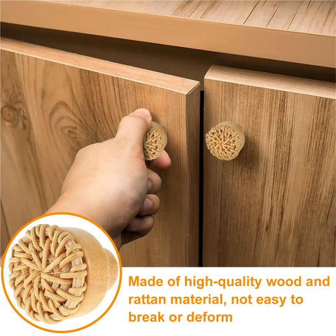 Grab These Snazzy Wooden Rattan Furniture Knobs And Pulls For Your Dresser Or Cabinet, Featuring Easy Single Hole Installation, Stylish Round Weave Design, And Durable Build Ideal For Upgrading Kitchen Cupboards Bedroom Drawers Or Bathroom Storage Units. Wooden rattan cabinet knob on wood drawer, single-hole round weave pull