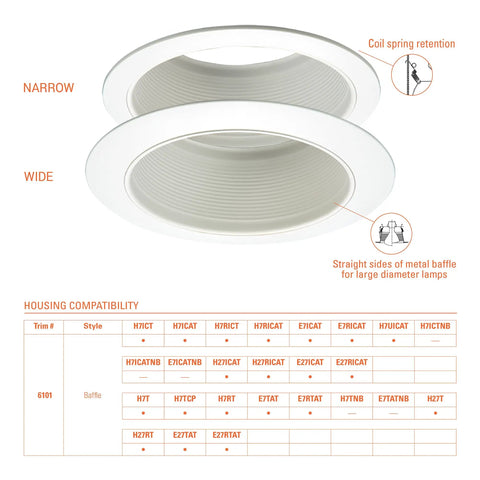 Diagram of Six Inch Recessed Ceiling Light Trim With White Straight Side Metal Baffle For E26 Screwbase Lamps showing details and compatibility chart