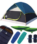 All In One Camping Gear Kit With 2 To 3 Person Dome Tent 2 Sleeping Bags 2 Sleeping Pads 2 Single Camping Hammocks 2 Blankets