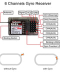 Diagram of R6FG 6 Channel 2.4GHz Surface Receiver for RC Cars and Boats, showing connections and gyro function.