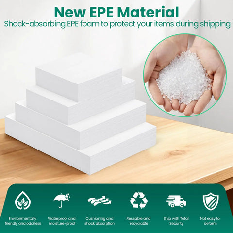 Stack of EPE foam boards and hands holding foam beads, part of the Moving Day Dish Packing Kit With 560 Foam Pouches And 80 Foam Board Sheets