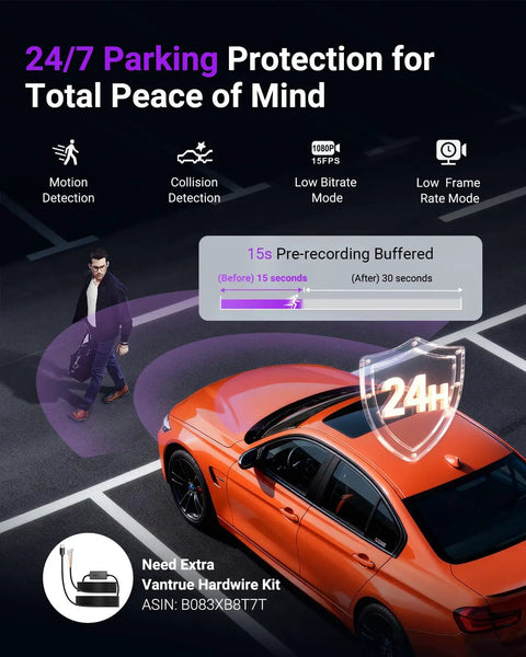 S1 Pro Front Dash Cam 2.7K Mini With STARVIS 2 Sensor, 24H Parking Mode illustration with car and security features