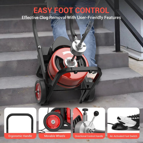 Powerhouse Electric Drain Auger With Auto Feed Design Tough As Nails 75 Foot Steel Cable Sewer Snake with ergonomic handle and foot pedal.