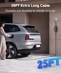 Person using a Level 1 And 2 Portable Home EV Charger With 16Amp 110V To 240V Flex, NEMA adapters, 25Ft cable on a car