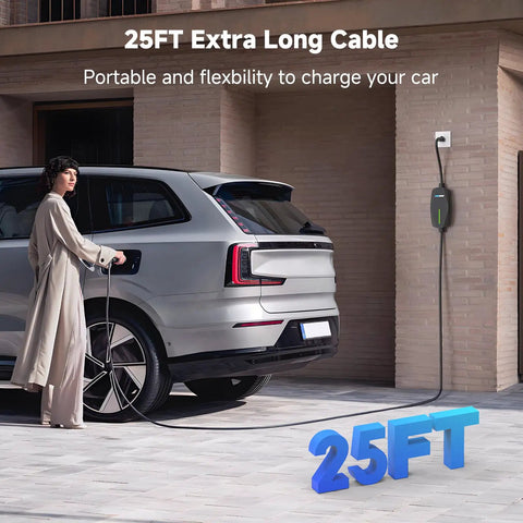 Person using a Level 1 And 2 Portable Home EV Charger With 16Amp 110V To 240V Flex, NEMA adapters, 25Ft cable on a car
