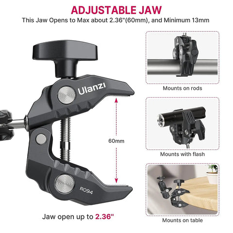 Rock-Solid Pro Grade Camera Clamp Mount with 360 Degree Ballhead, adjustable jaw opening to 60mm, mounting options shown
