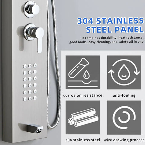 5 In 1 Shower Panel Tower With Powerful Rainfall Head And Body Massage Jet Plus Tub Spout And Handheld Sprayer Crafted From Brushed Gray 304 Stainless Steel Legit Luxury That Builds Differently For Daily Spa Vibes