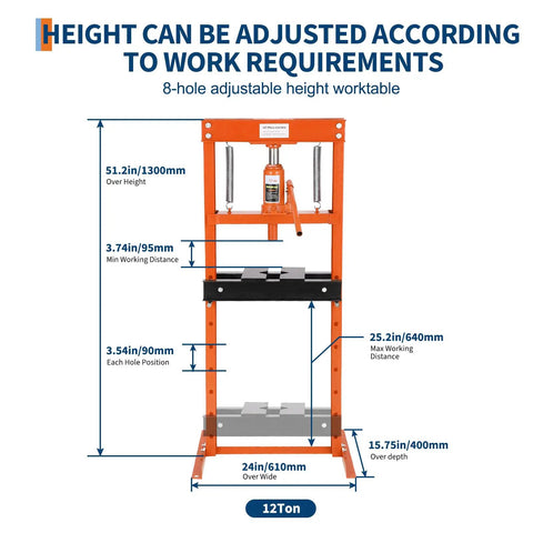 12-Ton Hydraulic Shop Press For Benchtop Use with adjustable height, orange finish, ideal for metal bending and stamping.