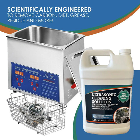 Ultrasonic Carb Cleaner Concentrate For Cars And Motorcycles, 4 Gallons, Powerful Clean Fluid That Breaks Down Dirt, Varnish, Gums, And Buildup From Carburetors, Valves, And Heat Exchangers, with ultrasonic cleaner and parts basket