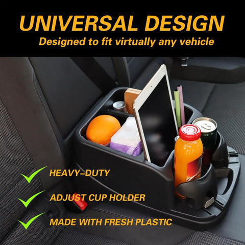 Universal Vehicle Console Organizer With Two Adjustable Cup Holders, Phone Holder, in a car holding drinks and items
