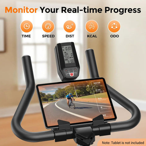 Magnetic Indoor Exercise Bike With Exclusive App showing tablet holder and real-time data display, handlebars visible
