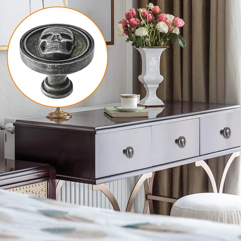 Dresser with Six Pack Vintage Skull Cabinet Knobs Set With Zinc Alloy Single Hole Drawer Pulls, rustic ancient tin finish.