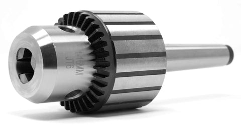 Keyed Drill Chuck 5/8 Inch Capacity With MT2 Arbor Taper for drill presses, lathes, and mills, side view of durable construction.